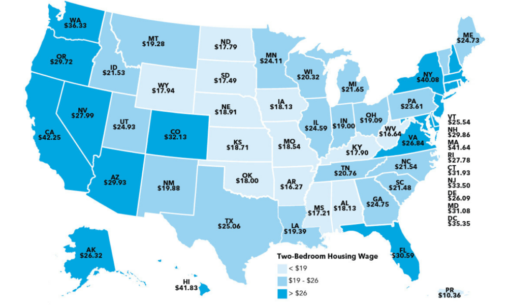 map of 2-bedroom hourly housing wage by state