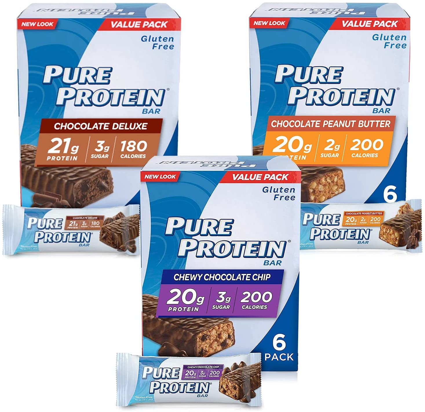 Pure Protein Low Sugar & Gluten Free Bars Variety Pack, 18-Pack
