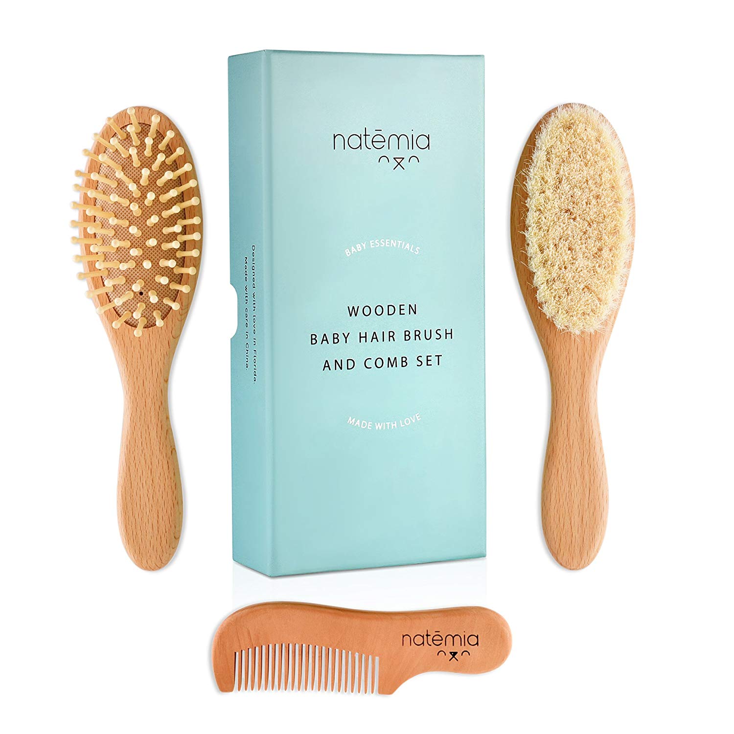 Natemia Premium Wooden Baby Hair Brush and Comb Set – Natural Soft Bristles – Ideal for Cradle Cap – Perfect Baby Registry Gift