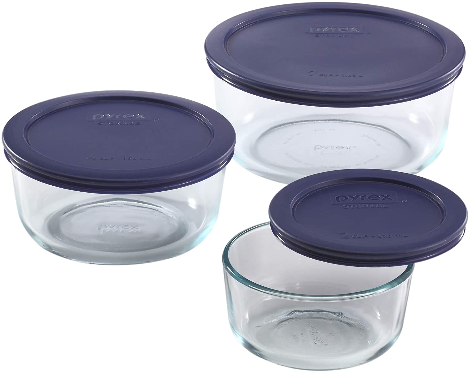 Pyrex Simply Store Glass Round Food Container Set with Blue Lids, 6-Piece