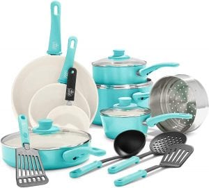 GreenLife Soft Grip Easy Clean Ceramic Cookware Set, 16-Piece
