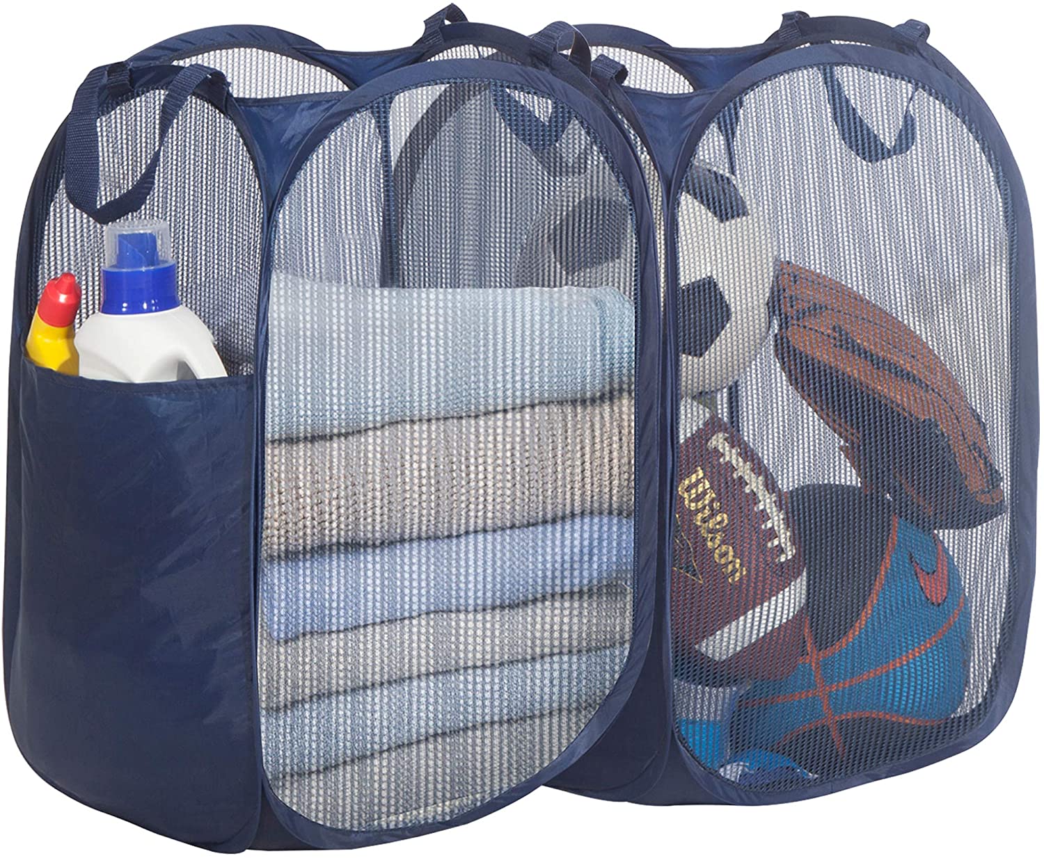 Foldable Pop-Up Mesh Hamper with Reinforced Carry Handles Laundry Basket Blue Magicfly Pop-Up Laundry Hamper Pack of 2 