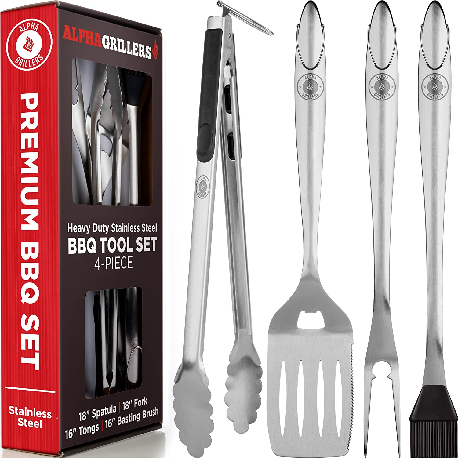 Alpha Grillers Lockable Tongs Barbecue Grilling Tools Set, 4-Piece