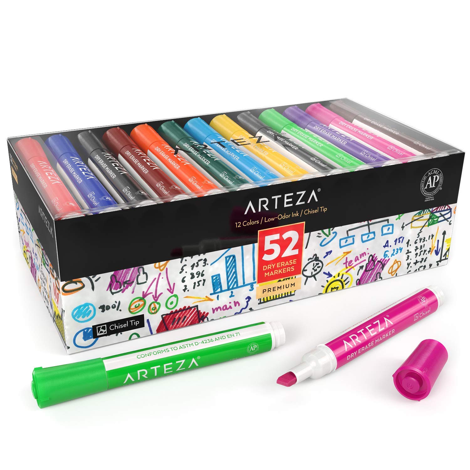 Arteza Washable Chisel Tip Dry Erase Markers, 52-Count