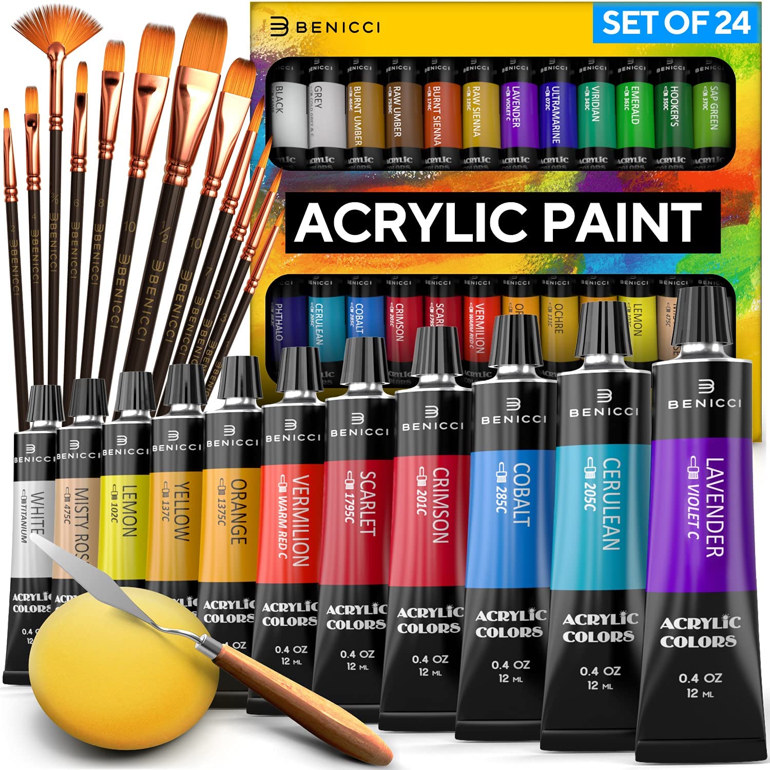 Benicci Safe Nylon Brush & Acrylic Paint Set, 24-Count