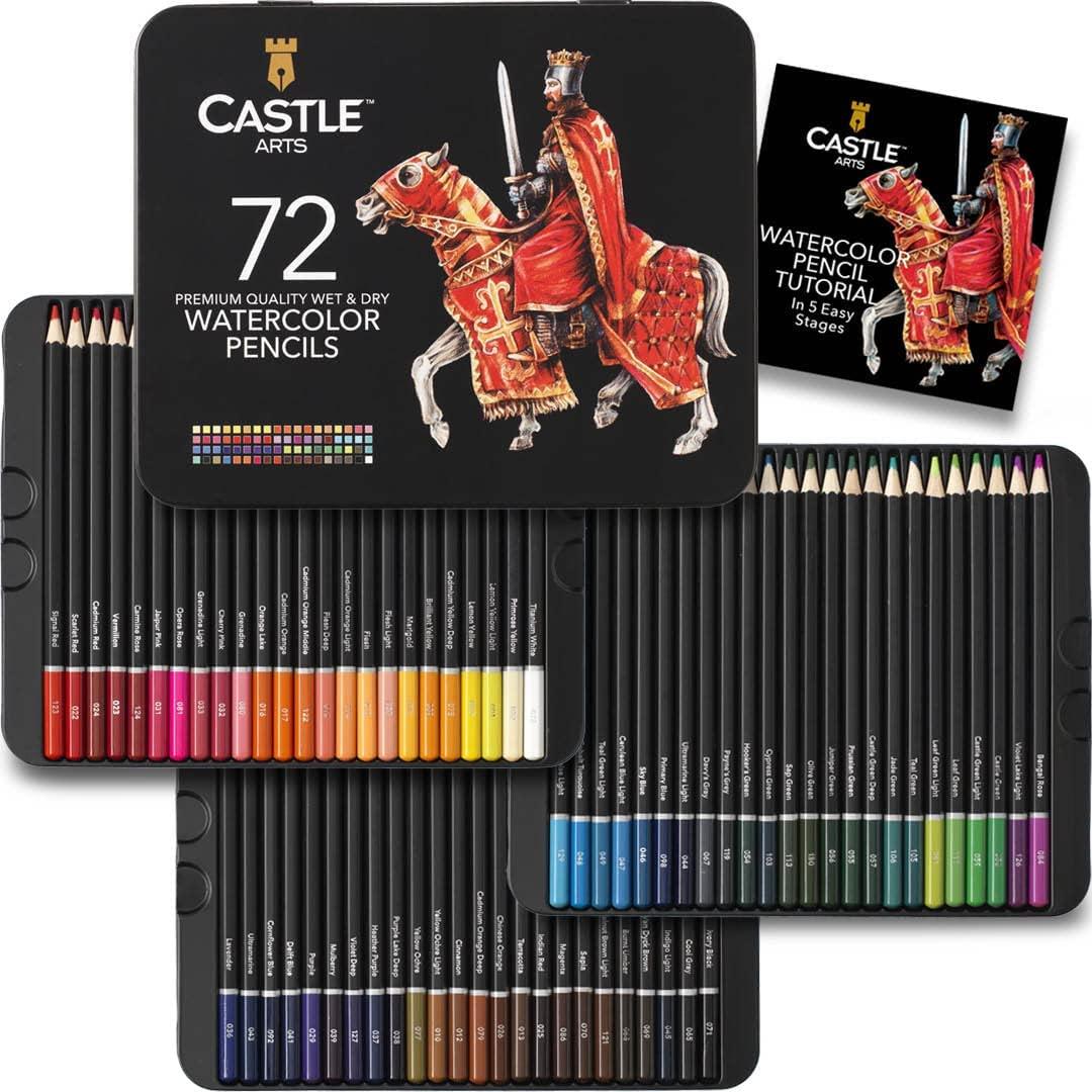 Castle Art Supplies Foldout Watercolor Pencils Tin Box Set, 72-Count