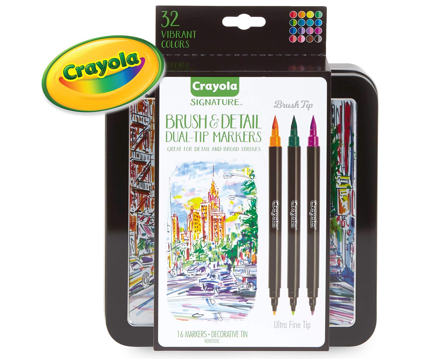 Crayola Dual-Tip Ultra Fine Brush Markers, 16-Count