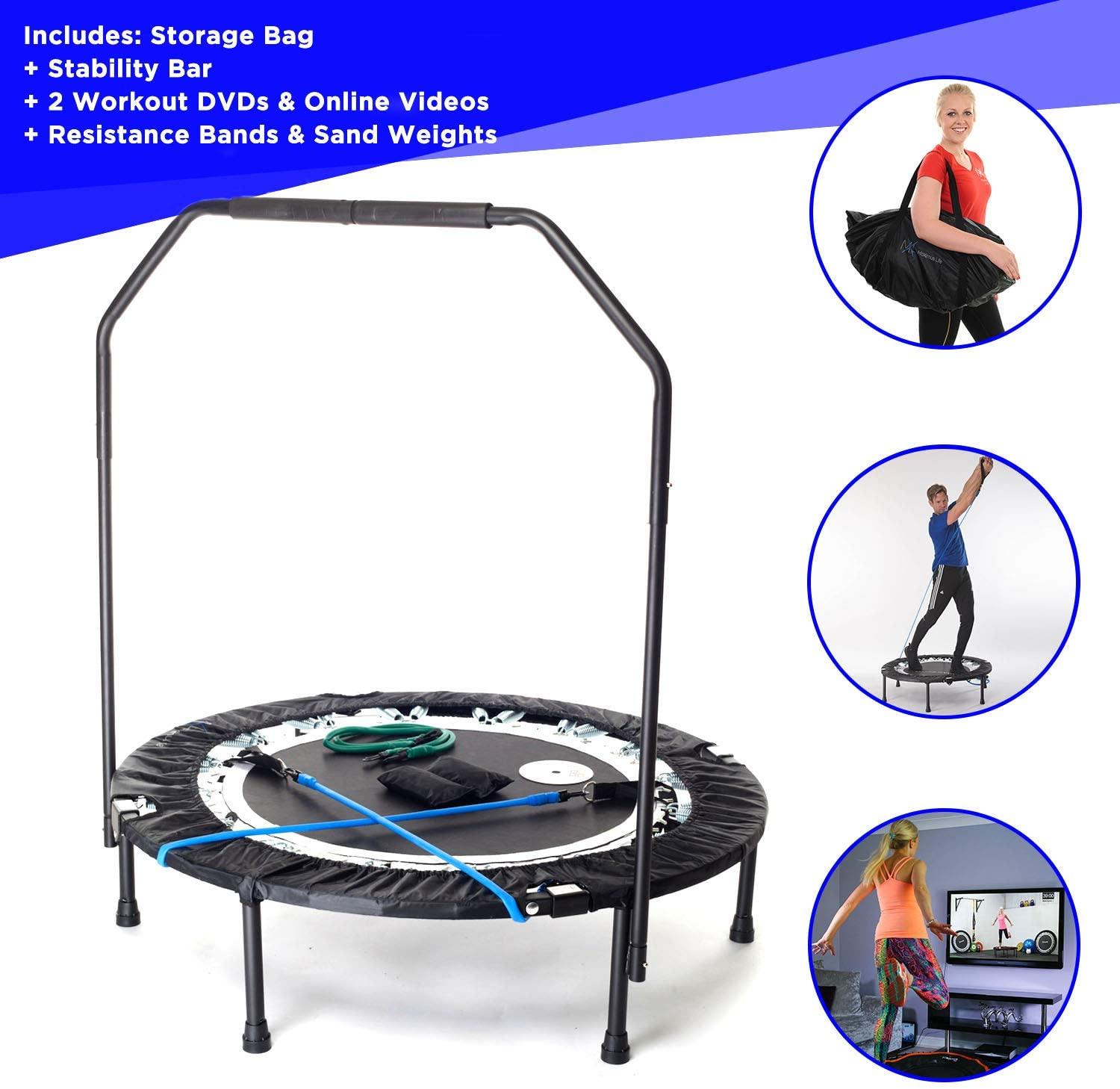 Easy Transport Folding Fitness Trampoline 4 Music Workout Videos Incl. No-Tip Arched Legs In-Home Rebounder Safe & Stable Bounce for Quality & Durability JumpSport 350F 