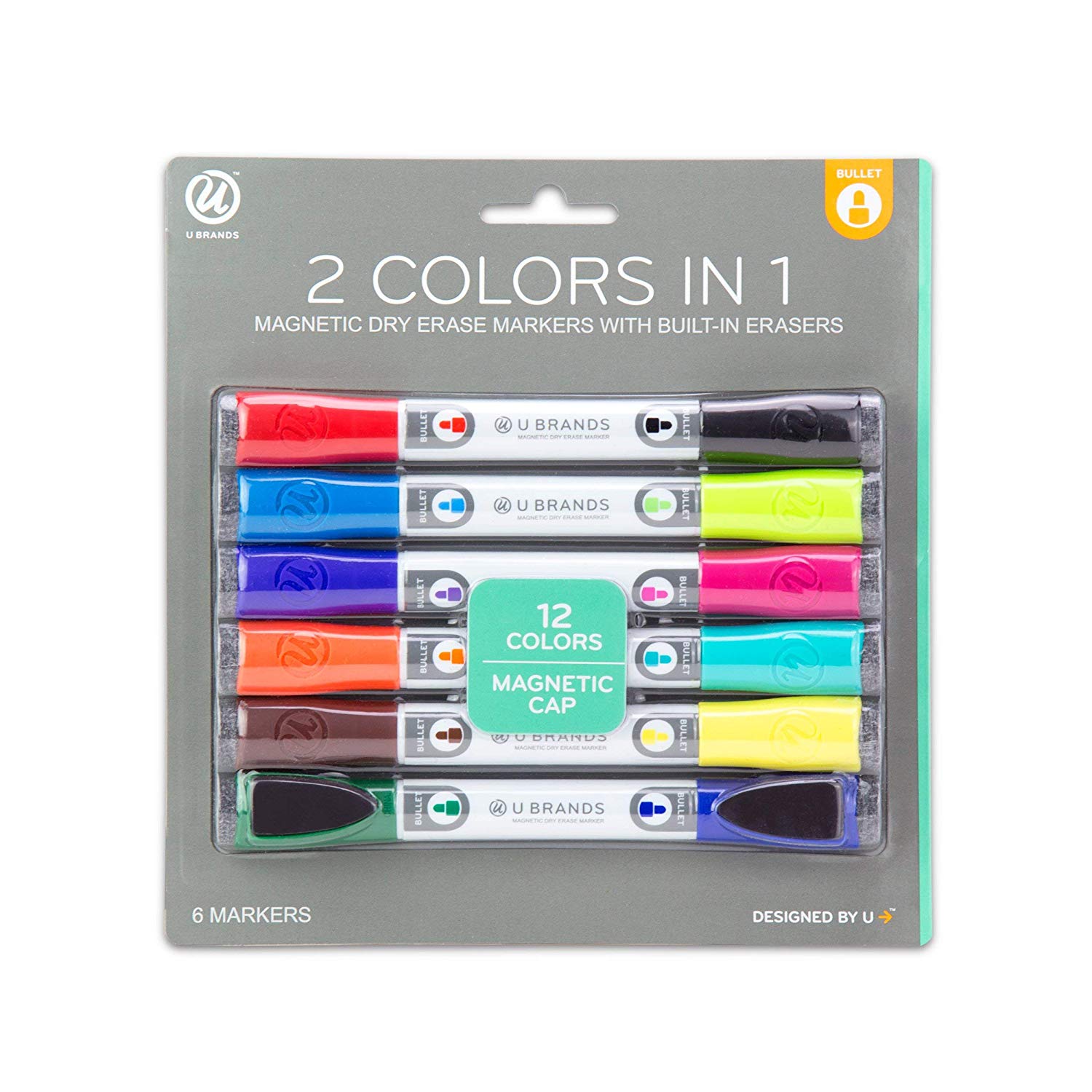 U Brands Magnetic Cap 2-In-1 Dry Erase Markers, 6-Count