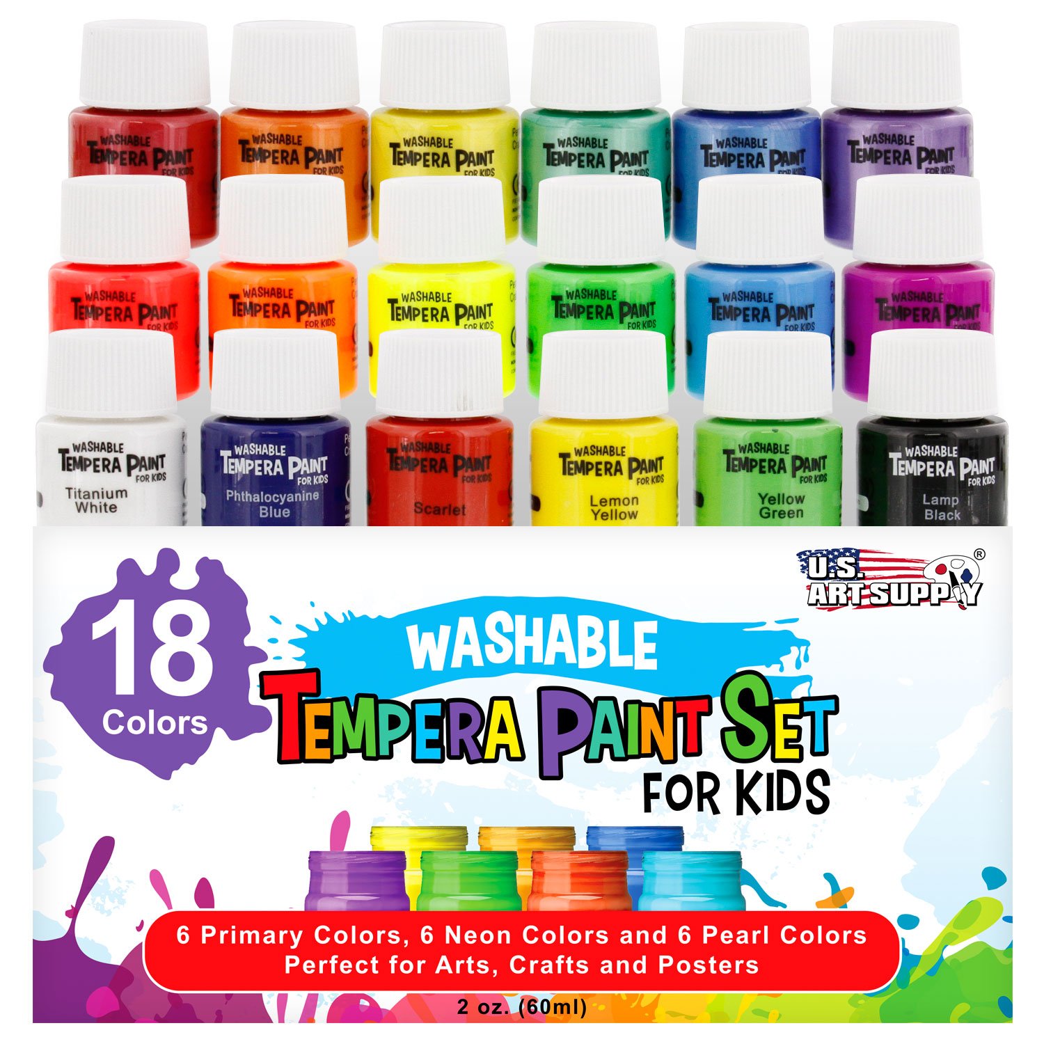 U.S. Art Supply Washable Tempera Paint For Kids, 18-Piece