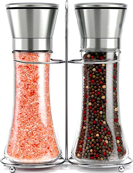Ceramic Blades Mincham Manual Pepper and Salt Grinder Mill Shaker Stainless steel cap and Glass Body with 6OZ Capacity Set of 2 Refillable Coarseness Adjustable Spice Mill