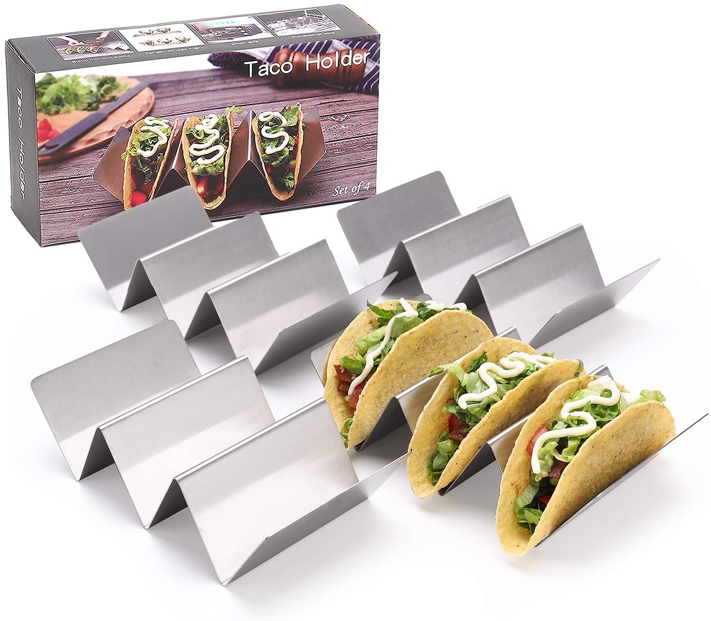 Safe for Baking taco Truck Tray- Set of 4 Hold 2 or 3 Hard or Soft Shell Tacos Taco Rack Holders Good Taco Shell Holder Stand on Table with Handle Taco Holder 