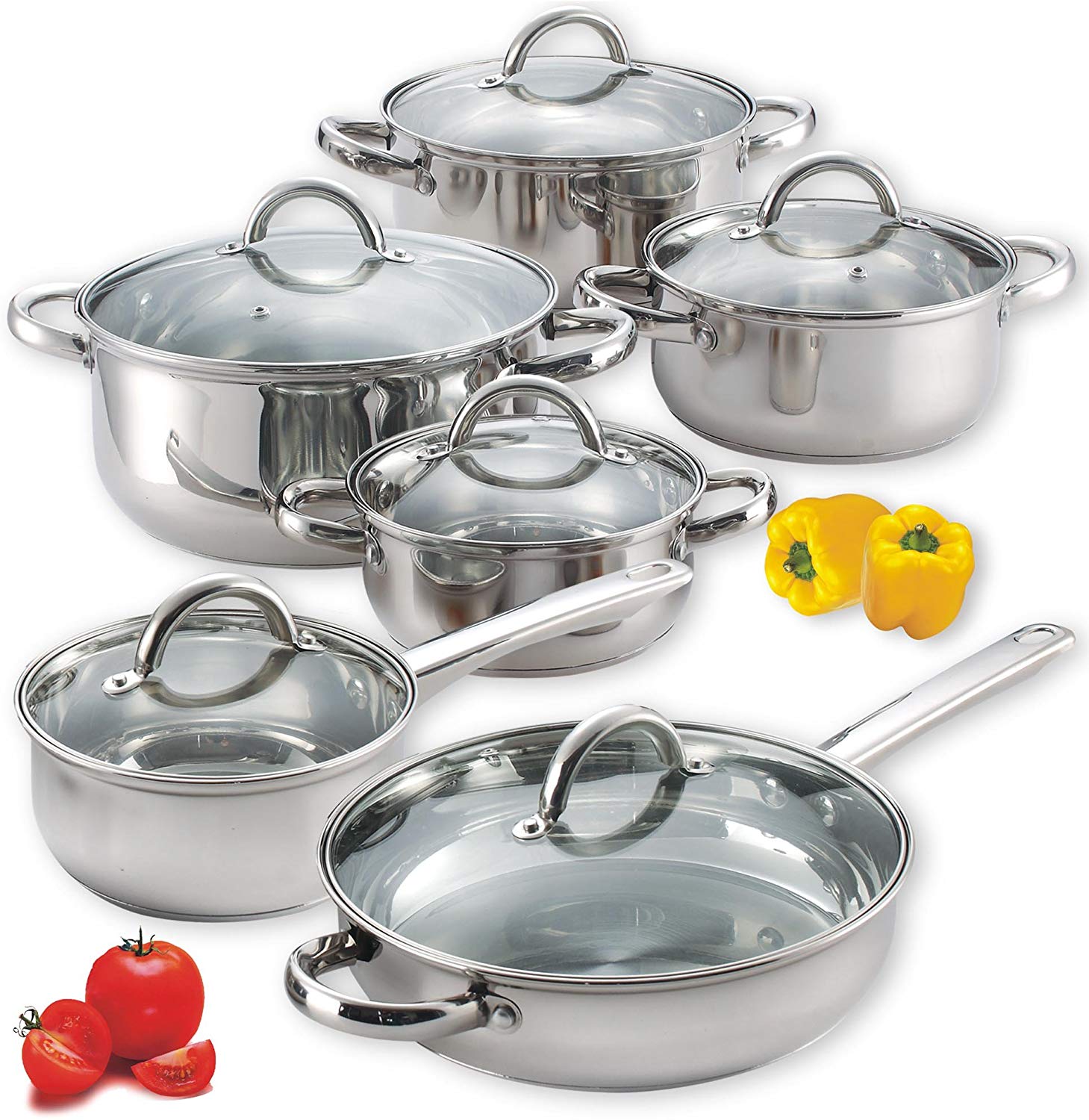 Cook N Home NC-00250 Glass Lids Stainless Steel Cookware Set, 12-Piece