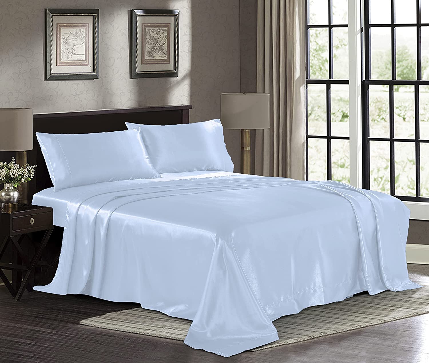 PURE BEDDING Easy Care Silky Satin Sheets, 4-Piece