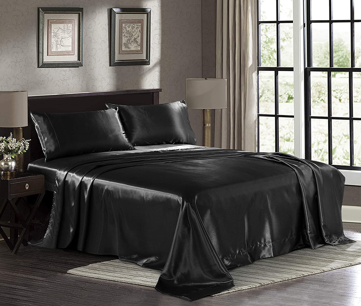 New Luxurious 100% silk charmeuse Fitted Bottom sheet King Black Deep Pocket