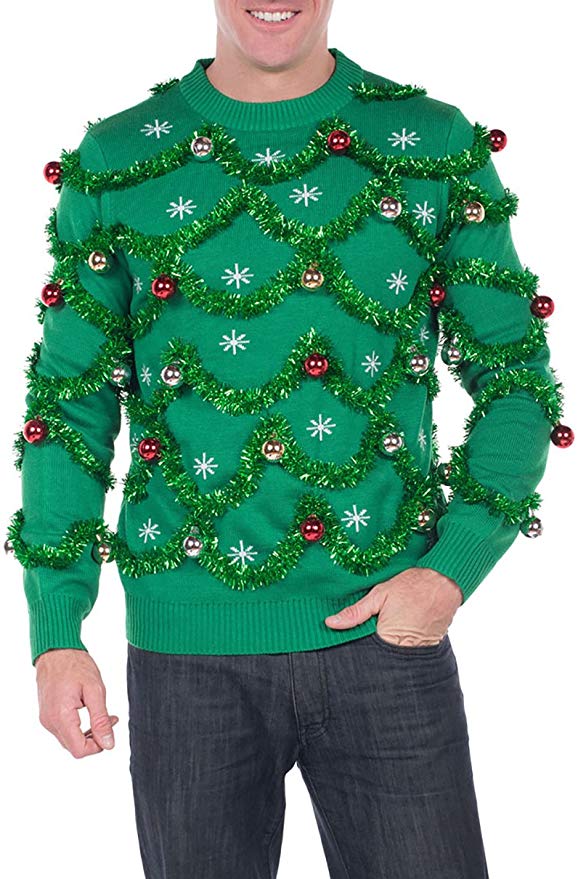 Tipsy Elves Men’s Gaudy Garland Sweater – Tacky Christmas Sweater w/Ornaments