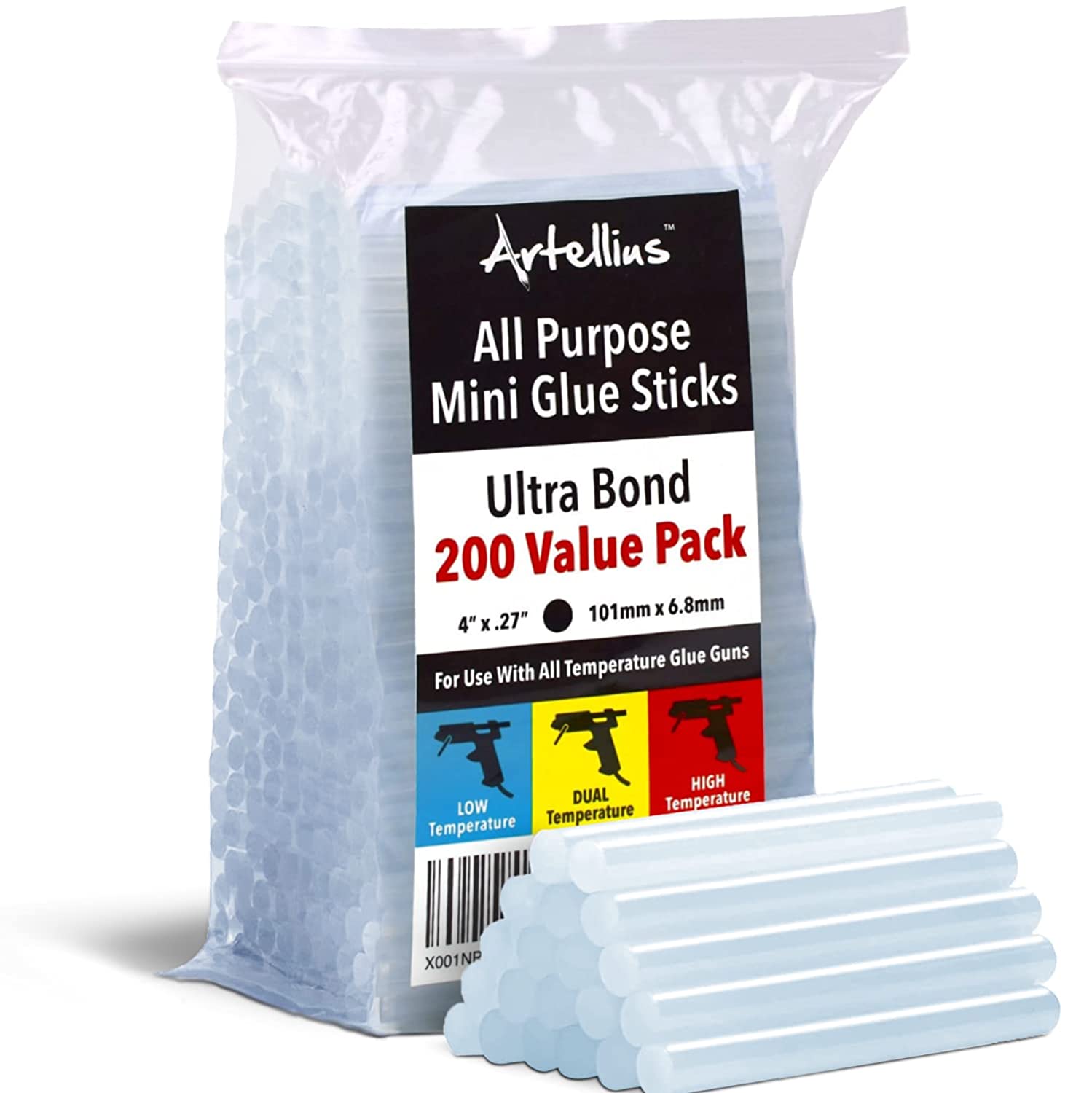 Artellius All Purpose Mini Hot Glue Gun Sticks, 200-Count