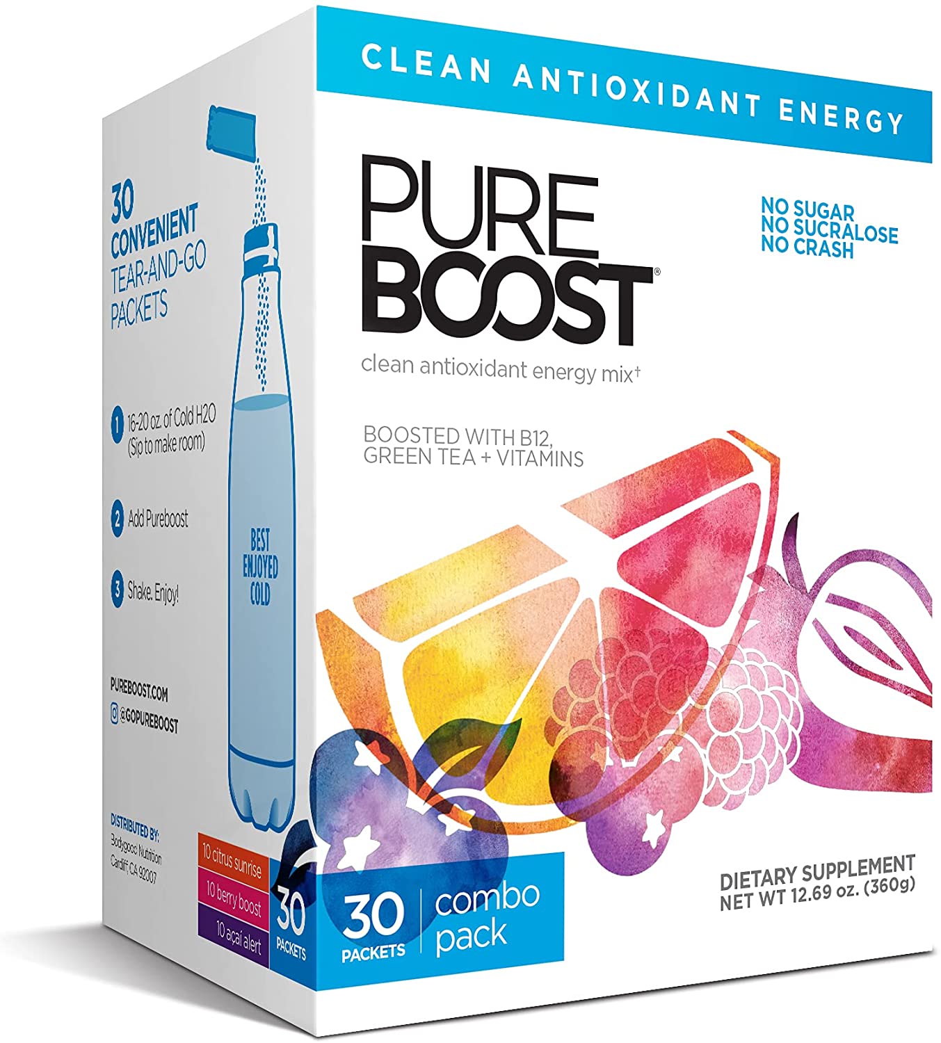 Pureboost Clean Energy Dairy-Free Drink Mix/Water Enhancement, 30-Pack