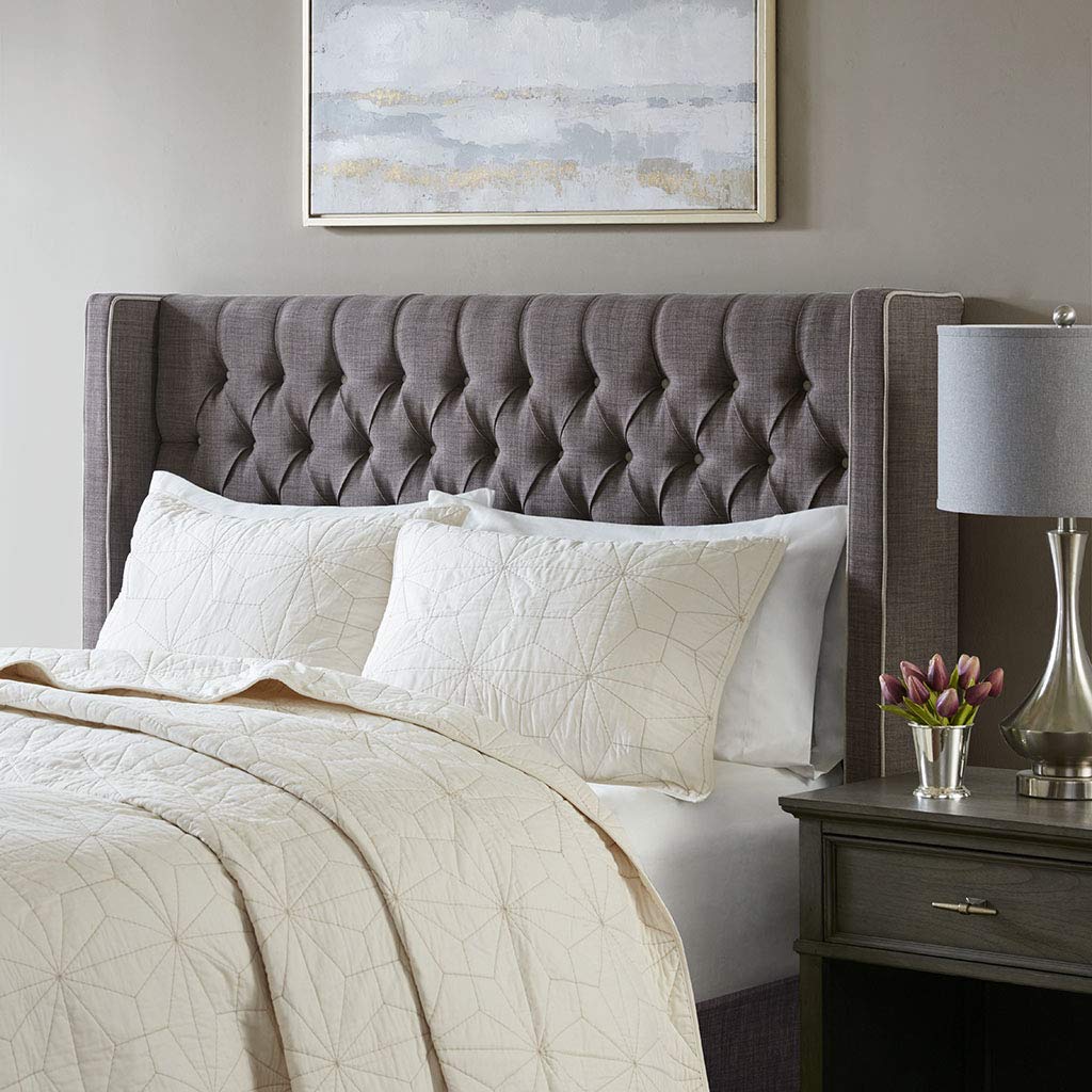 Madison Park Upholstered Nail Trim Wingback Button Tufted Queen Headboard