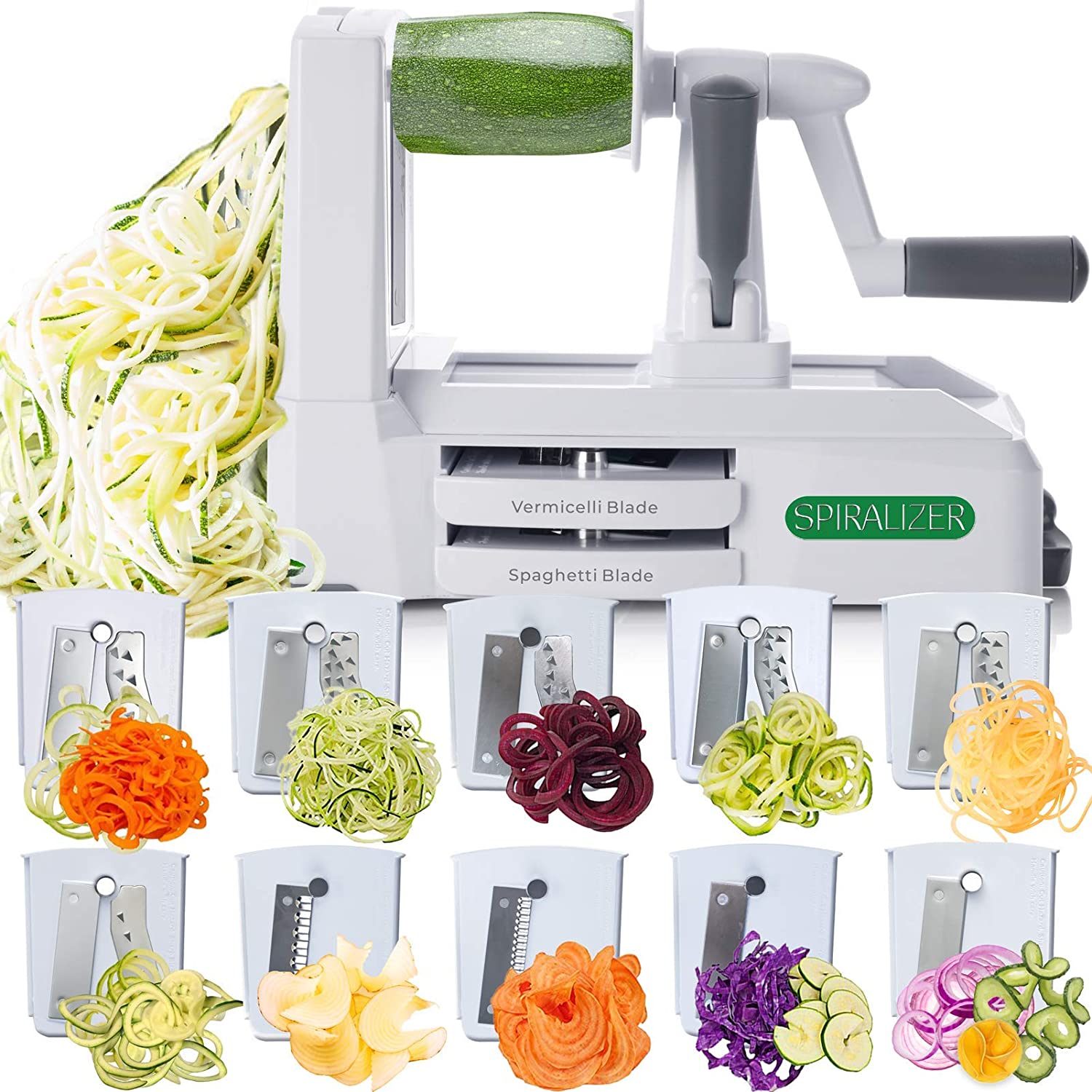 SpiralGenie Stainless Steel 4 Blades Adjustable Left-Right Handle Design Spiral Vegetable Slicer for Zucchini Potato Apples with Strong Suction Base Carrots Cucumbers 