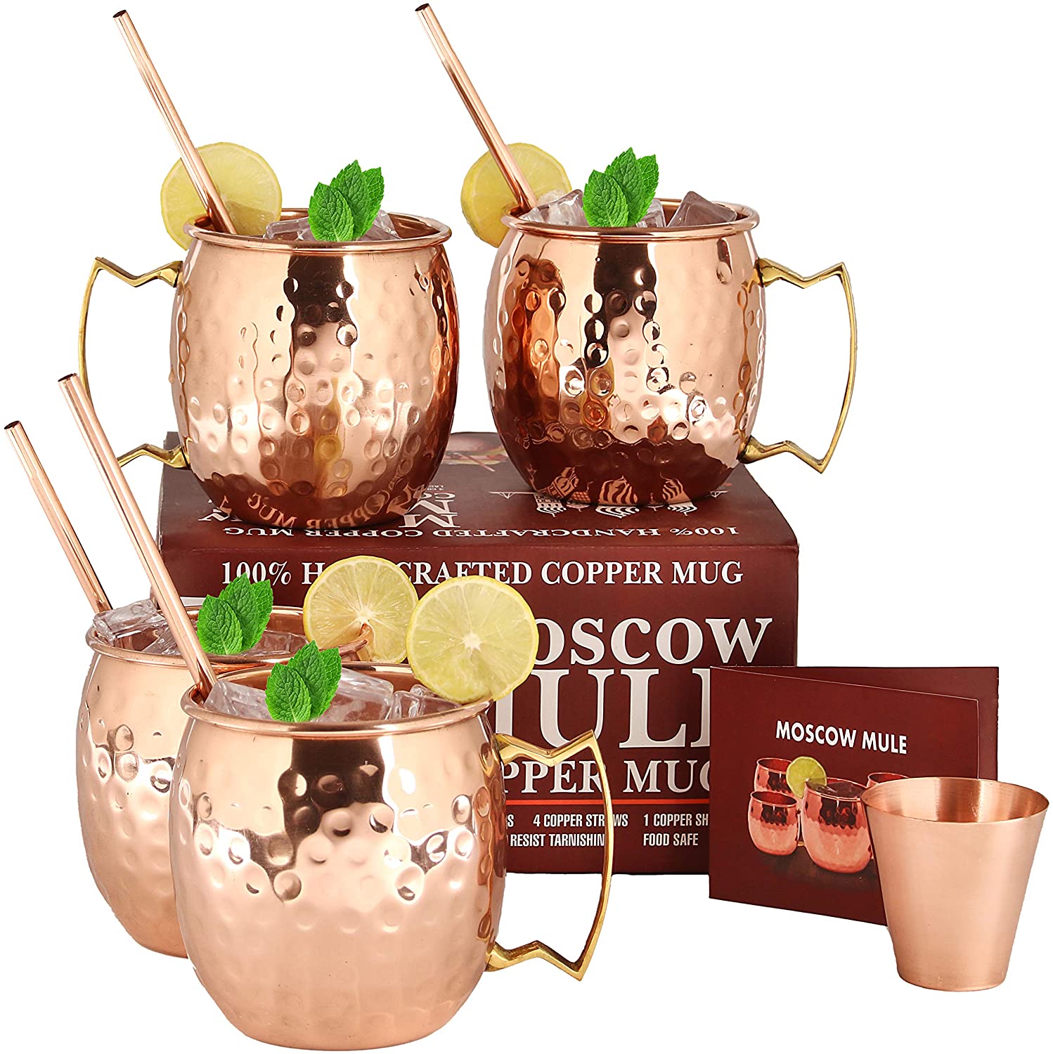 Copper Mugs Set Of 4 Moscow Mule By B.WEISS Handmade Hammered Copper Cups 100% 