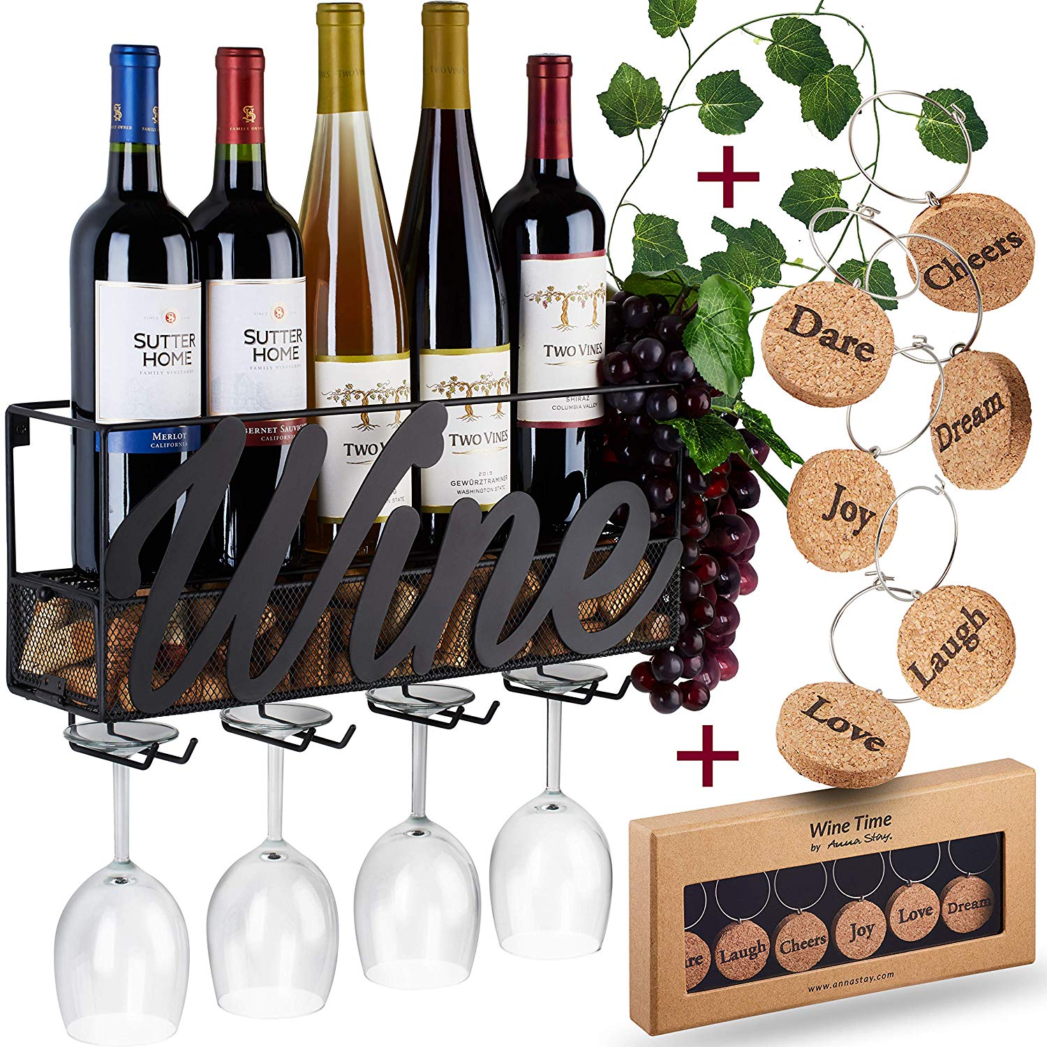 Anna Stay Hanging Wine Rack For Small Spaces, 4-Bottles