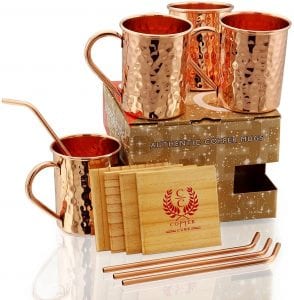 Copper Cure Handcrafted Hammered Mugs With Straws & Coasters, 4-Pack