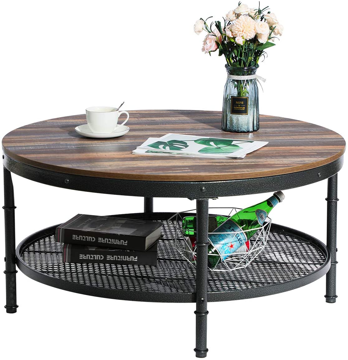 GreenForest Industrial Round Coffee Table With Shelf