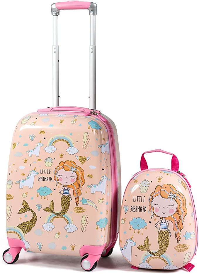 GYMAX Mermaid Travel Carry-On Trolley Rolling Kid’s Luggage