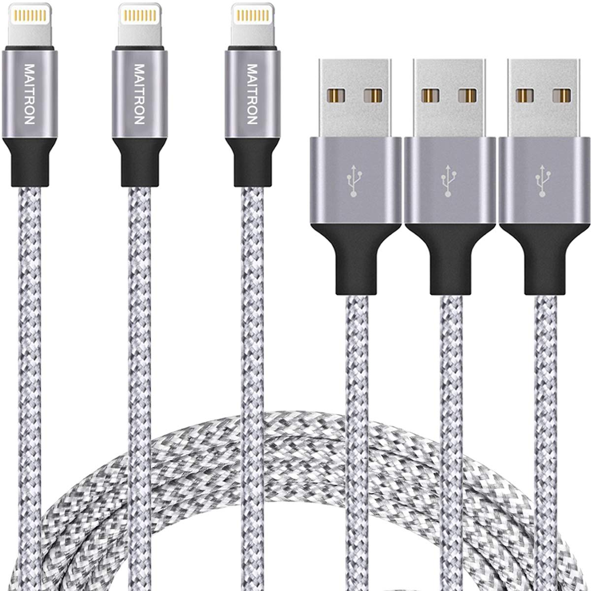 Grayish White MFi Certified Lightning Cable 5 Pack 3/3/6/6/10FT WUYA iPhone Charger Nylon Woven with Metal Connector Compatible iPhone Xs Max/X/8/7/Plus/6S/6/SE/5S iPad 
