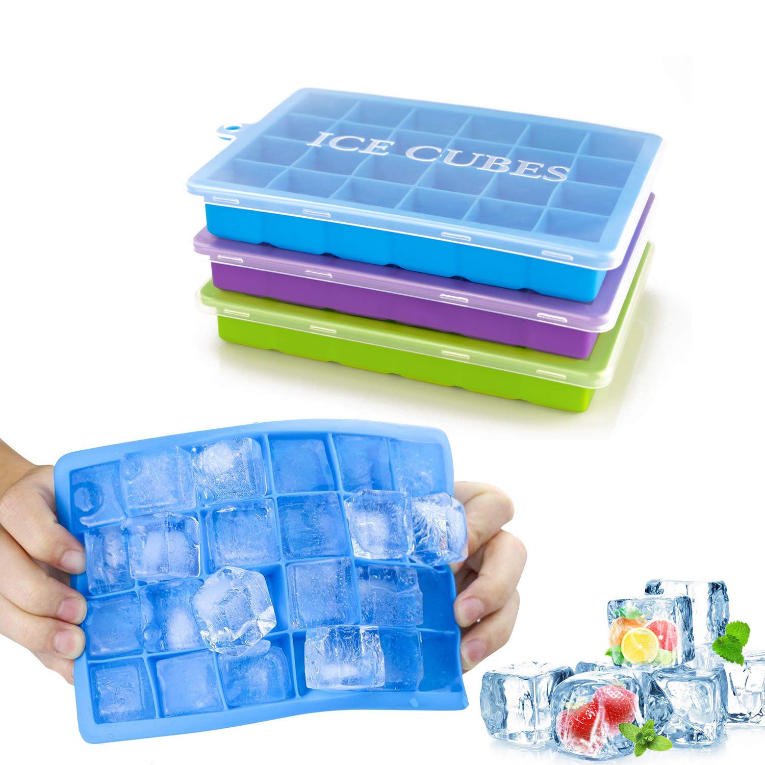Ice Cube Trays with Lids Flexible 2-Pack Silicone Ice Cube Tray Easy-Release BPA Free and Stackable Ice Molds for Chilled Drinks,Whiskey & Cocktail 