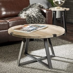 Walker Edison Rustic Farmhouse Round Metal Coffee Accent Table