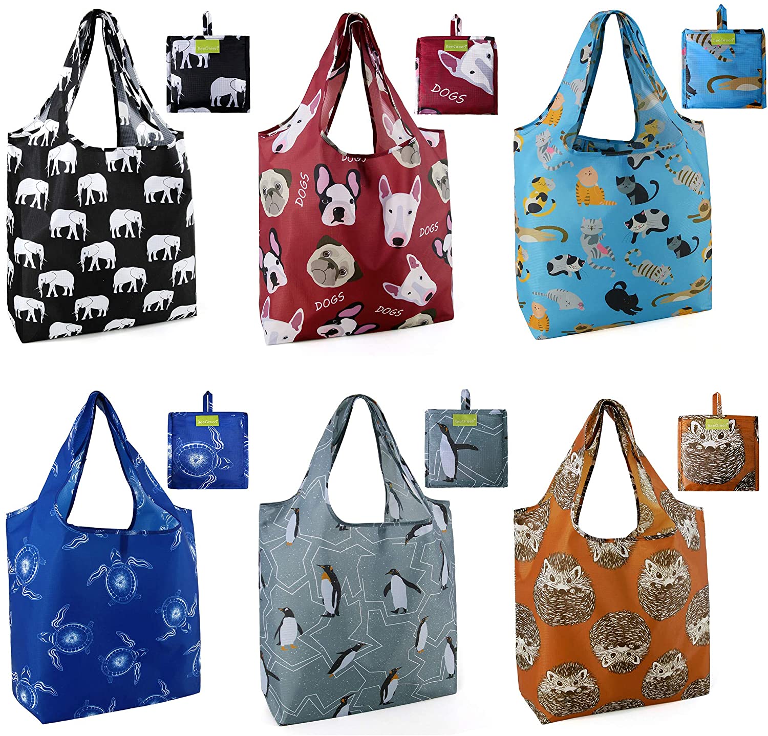 BeeGreen Cute Rip-Proof Reusable Grocery Bags, 6-Pack