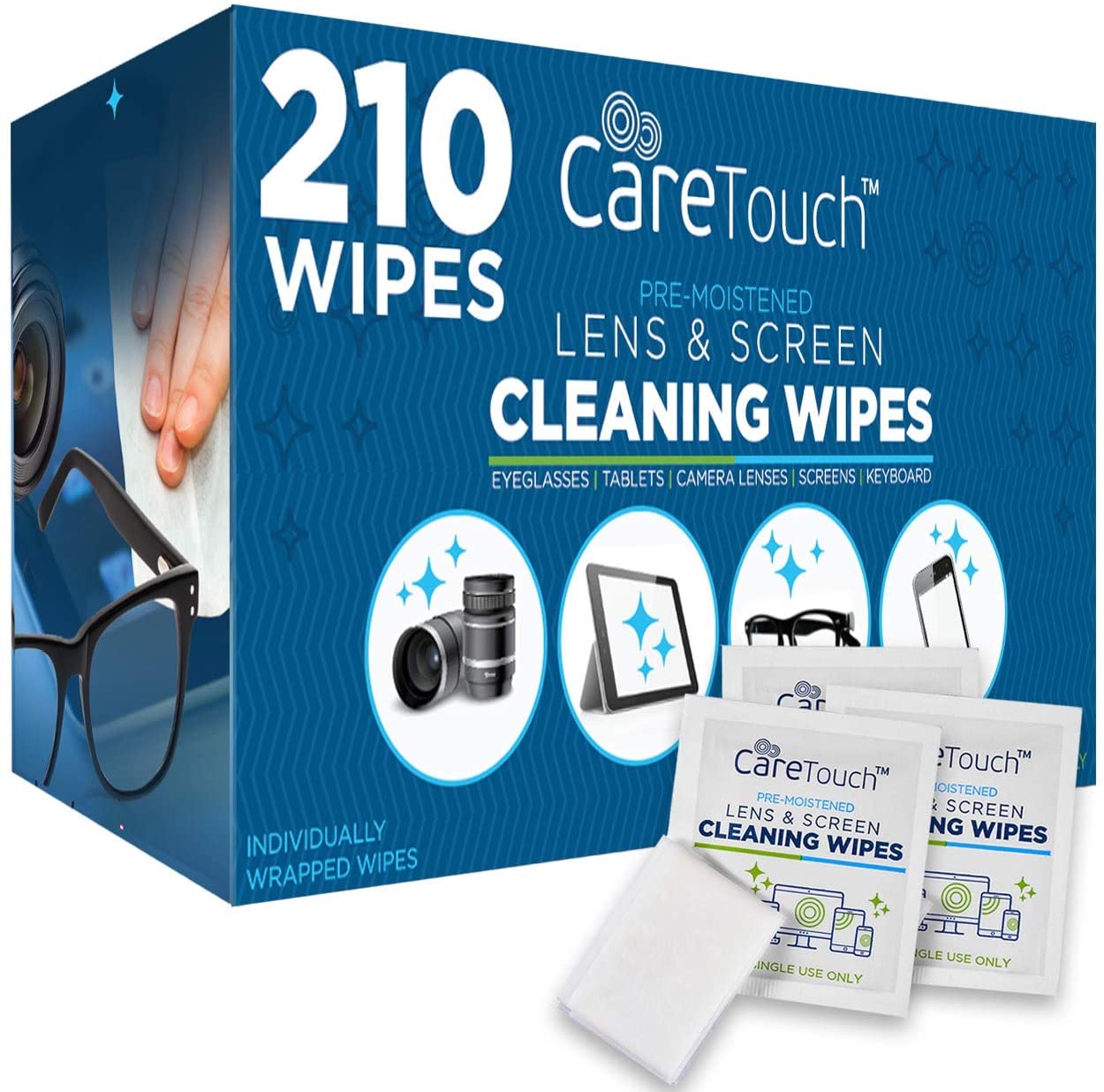 Care Touch Pre-Moistened Lens Screen Cleaning Wipes, 210-Count