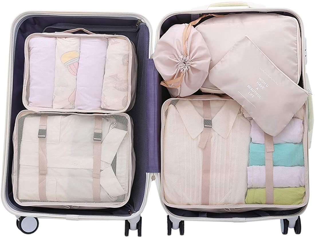 9 Set Packing Cubes for Travel,Travel Storage Pouch Suitcase Bags Combination Luggage Organisers,Packing Organizers Packing for Travel,White 