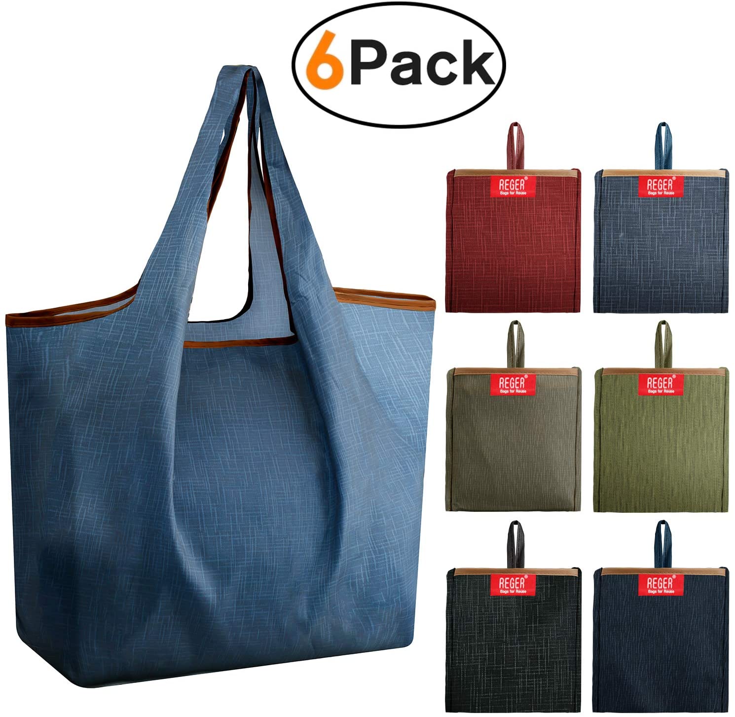 REGER Reusable Foldable Ripstop Nylon Grocery Shopping Bags, 6-Pack