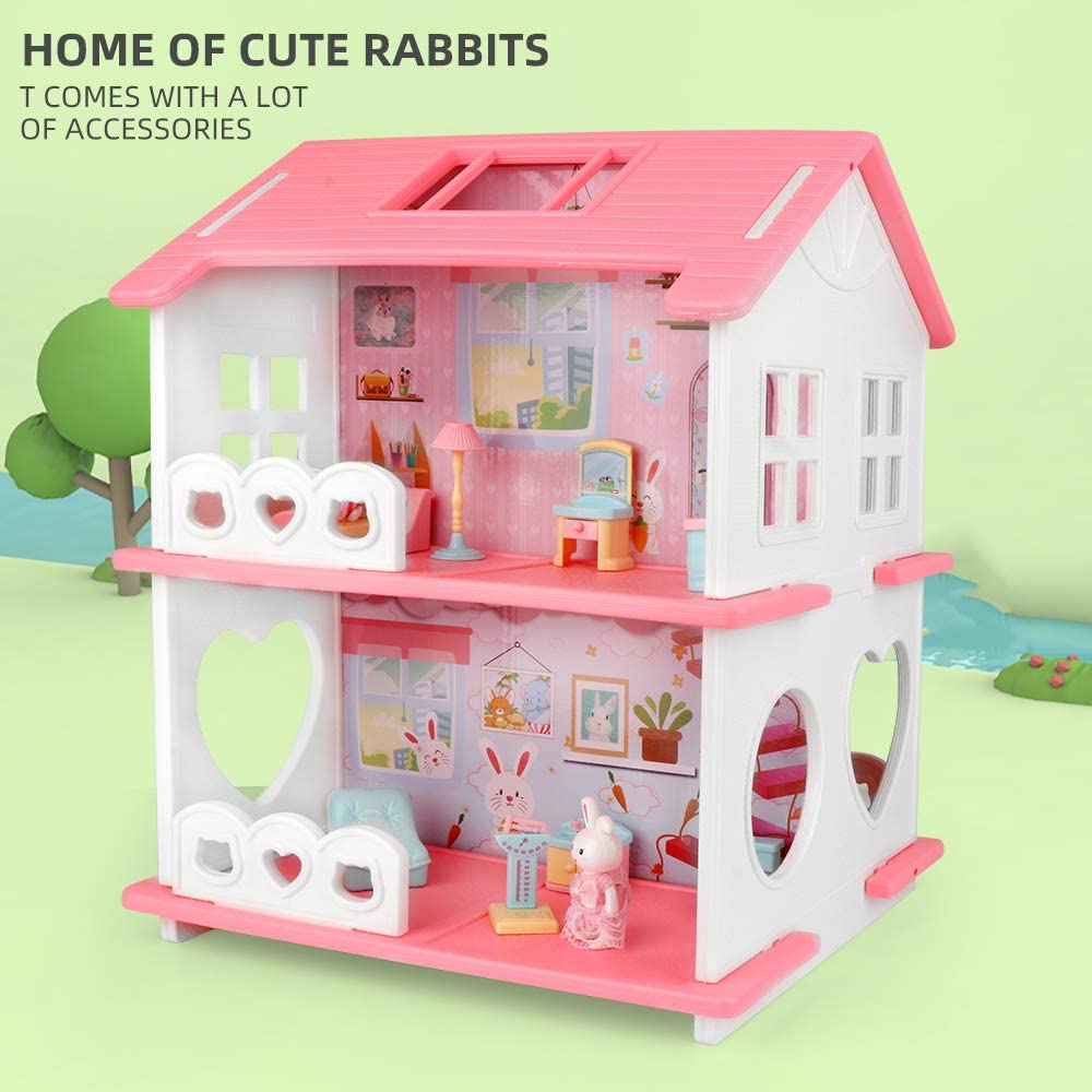 BananMelonBM 2-Story Little Bunny Dollhouse With Furniture & Dolls, 25-Piece