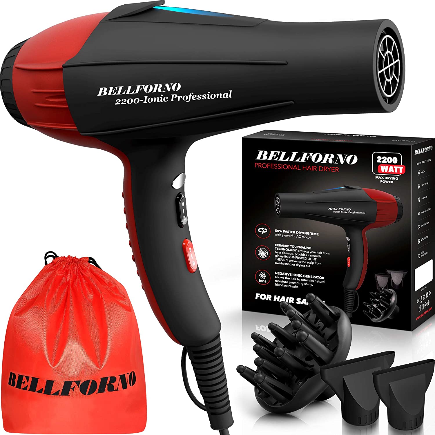 BELLFORNO 2200Watt Professional Ionic Powerful Hair Dryer