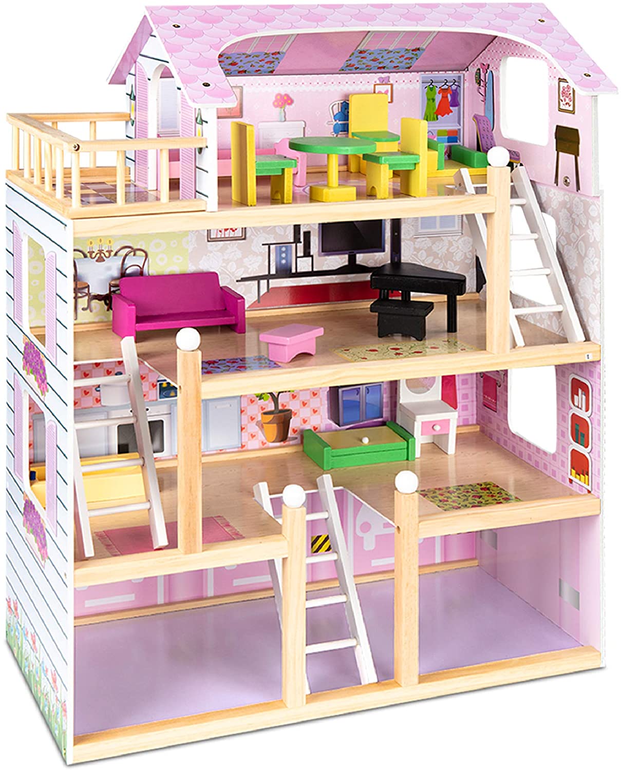 Wooden Kids Doll House With 17PCS Furnitures 3 storey Barbie Dollhouse Cottage 