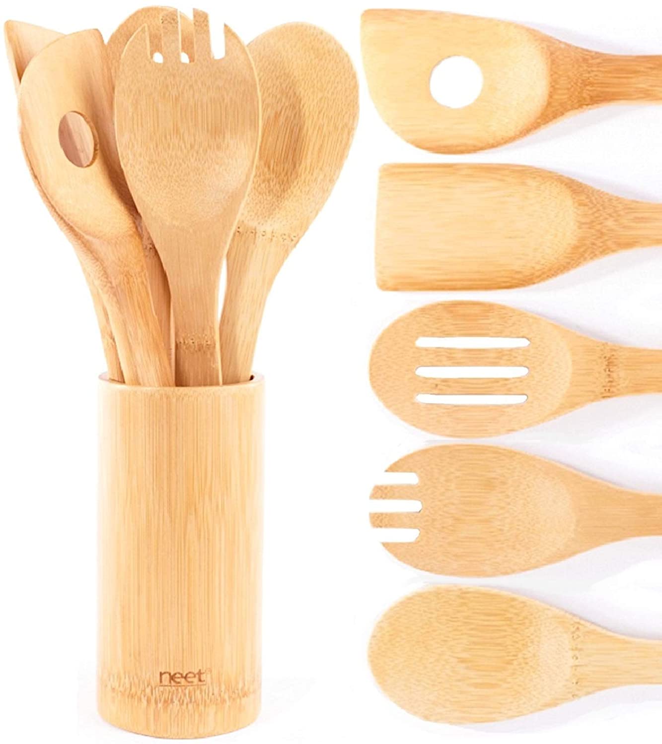NEET Organic Bamboo Cooking & Serving Non-Stick Wooden Spoons, 6-Piece