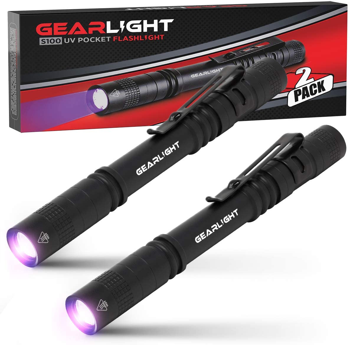 GearLight Portable Pen Flashlight S100 UV Light, 2-Pack