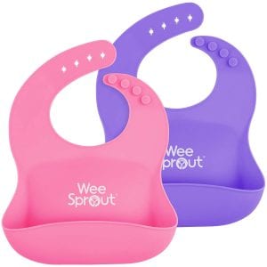WEESPROUT Waterproof Soft & Comfortable Wide Pocket Silicone Baby Bibs, 2-Pack