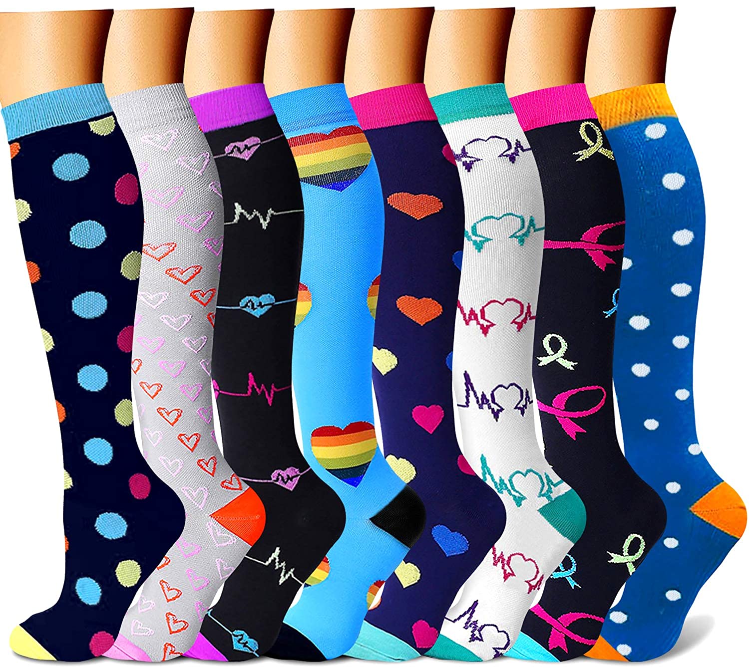 CHARMKING Multicolor 15-20 mmHg Compression Socks, 8-Pairs