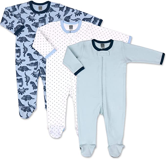 The Peanutshell Dinos & Dots Front-Zip Baby Boy Sleepers, 3-Pack