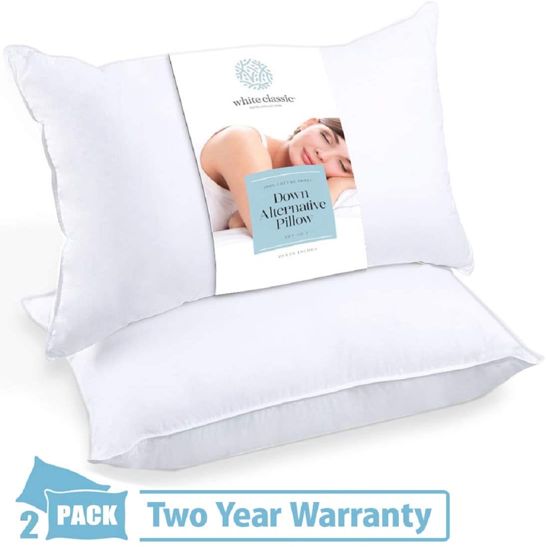 White Classic Down Alternative Hotel Pillows, 2-Pack