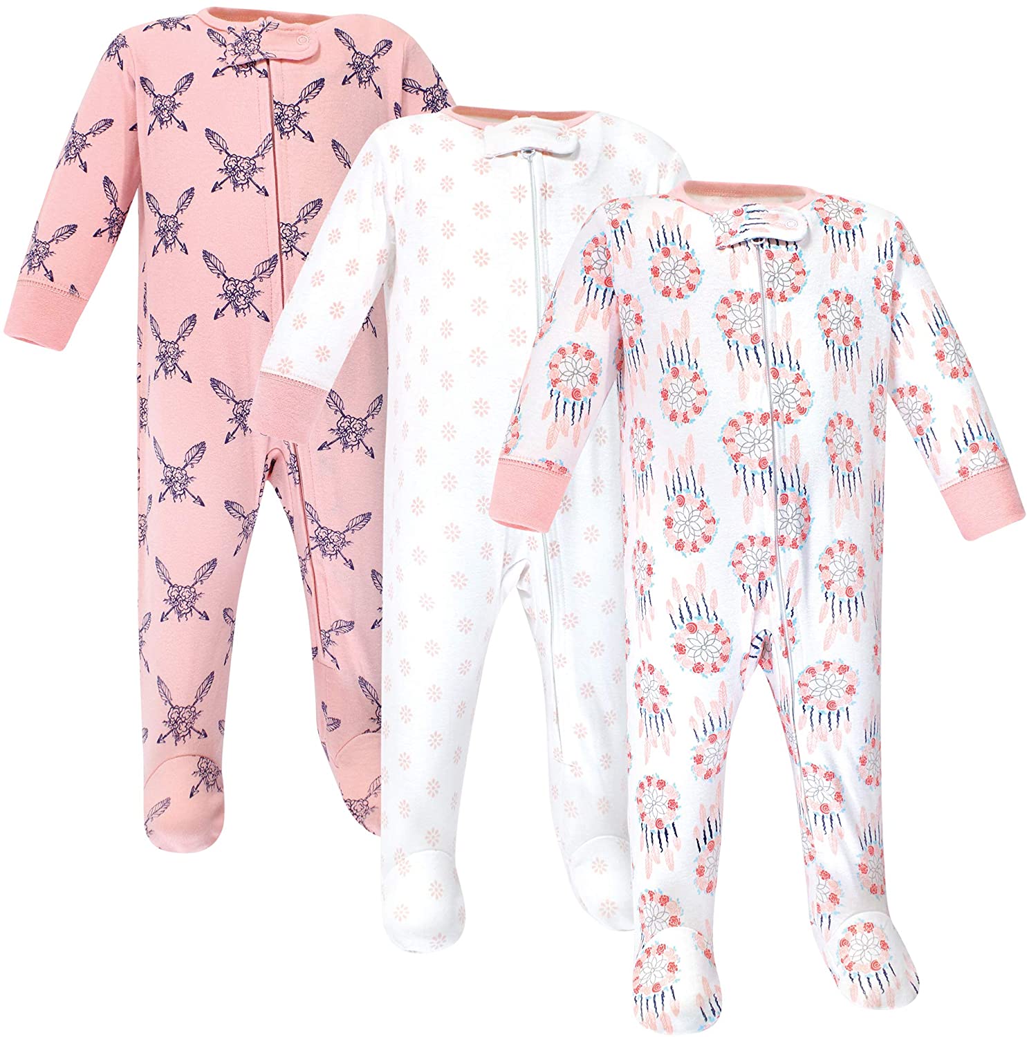 Yoga Sprout Cotton Zipper Baby Girl Sleeper, 3-Pack