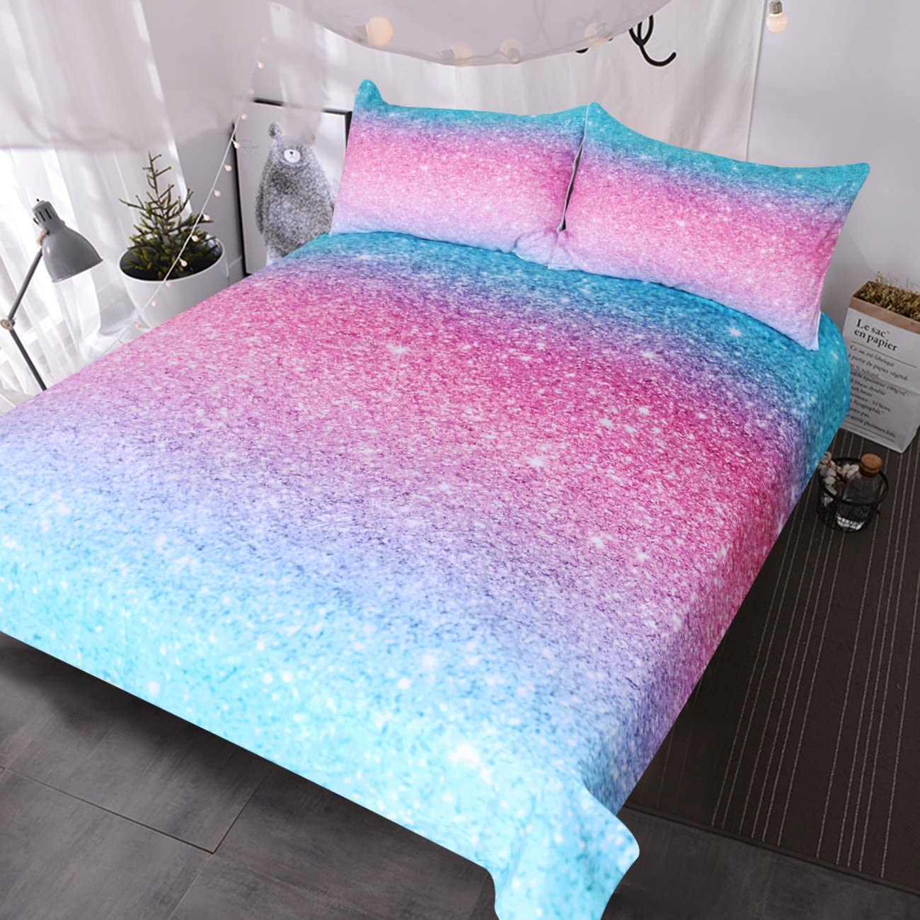 BlessLiving Glitter Mermaid Girl’s Bedding Set, 3-Piece