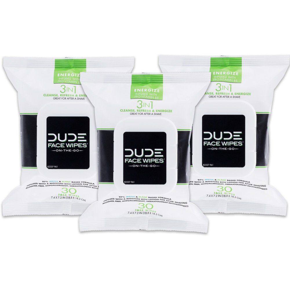 DUDE Products Energizing Unscented Face Wipes, 3-Pack