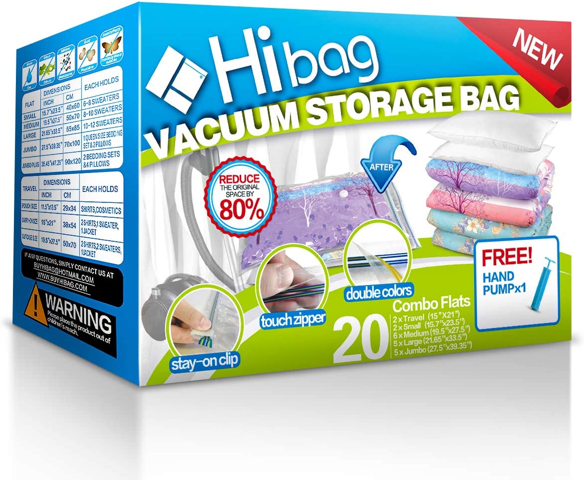 Hibag Clear Waterproof Vacuum Seal Bags, 20-Pack