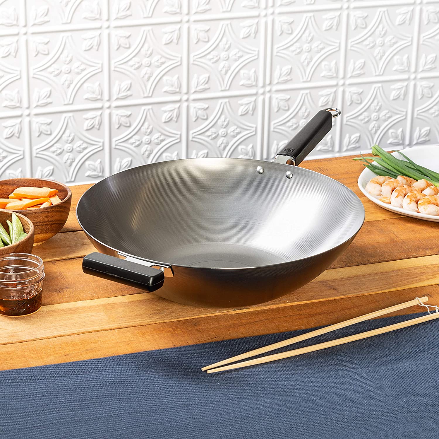 14" Uncoated Flat Bottom Wok Carbon Steel Stir Fry Pan for Electric Gas Range 